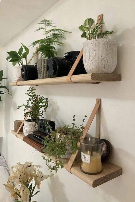 Wall Shelf Inspiration. #wall #shelves #design #decor #plants #idea Cute Plant Shelves, Floating Shelves For Plants, Geometric Plant Shelves, Plant Shelf Pots & Planters, Shelves For Plants, Macrame And Wood Shelves, Macrami Shelf, Diy Floating Shelves, Shelf Inspiration