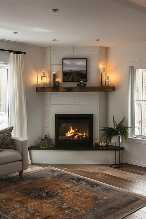 Tv Above Fireplace Corner, Fireplaces For Small Living Rooms, Corner Fireplace With Storage, Electric Corner Fireplace Ideas, Faux Fireplace Corner, Corner Electric Fireplace Ideas With Tv, Corner Tv Living Room Layout, Brick Corner Fireplace, Corner Fireplace Mantle