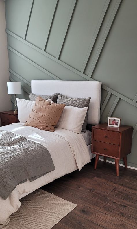 Green Gray Accent Wall, Jade Green Accent Wall, Army Green Accent Wall Bedroom, Clary Sage Accent Wall, Cream Accent Wall, Green And Cream Bedroom Ideas, Light Green Accent Wall Bedroom, Light Green Accent Wall, Sage Accent Wall