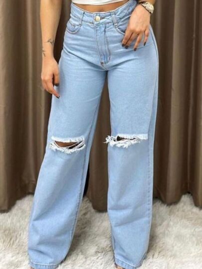 Wide Ripped Jeans Outfit, Calças Jeans Wide Leg, Wide Leg Jeans Rasgada, Calcas Wide Leg, Casa Wide Leg, Calças Wide Leg Jeans, Calca Jeans Wide Leg, Pantalon Wide Leg Outfit, Pantalones Mom Jeans