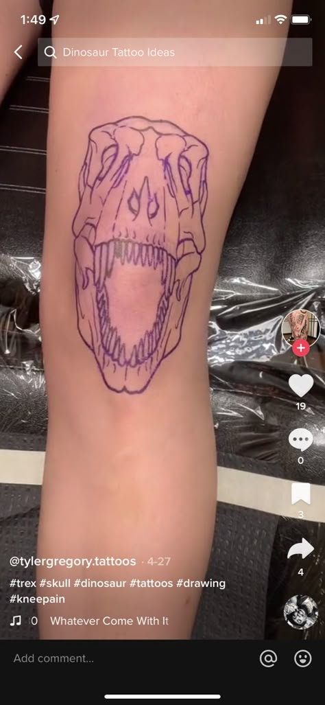 Knee Skull Tattoo, Dinosaur Knee Tattoo, Skull Knee Tattoo, Dinosaur Tattoo Thigh, Dinosaur Jaw Tattoo, Dino Bones Tattoo, Dinosaur Jaw Knee Tattoo, T Rex Bones Tattoo, Dinosaur Skull Tattoo