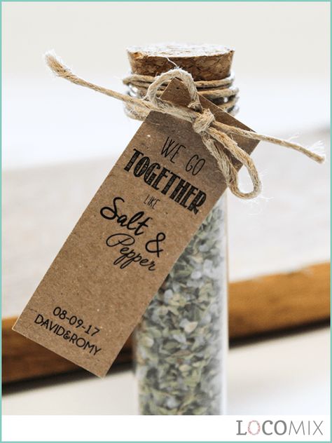 NEW! Herbal Gift Tubes are excellent wedding favours for your wedding guests! These original gifts come with a Craft card with a fun text like 'Love is the spice of life', 'You are tea-rific', 'Let love brew' and, as in the picture, 'We go together like Salt & Pepper'. Choose between Italian Herbs, salt and tea and personalise the card for a unique favour. Order your Herbal Gift Tubes from just 20 pieces! Wedding Presents For Guests, Bonbonniere Ideas, Wedding Bonbonniere, Creative Wedding Favors, Inexpensive Wedding Favors, Wedding Favors And Gifts, Italian Herbs, Wedding Gifts For Groomsmen, Craft Card