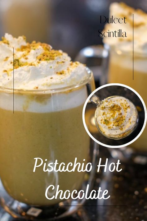 Pistachio hot chocolate is the best of both worlds. From the green slightly salted nuts to the warm chocolate�….what’s not to love? Hot Pistachio Drink, Pistachio White Hot Chocolate, Pistachio Hot Chocolate, Pistachio Drink Recipe, Pistachio Drink, Gluten Free Hot Chocolate, Pistachio Milk, Hot Chocolate Drink, Pistachio Butter