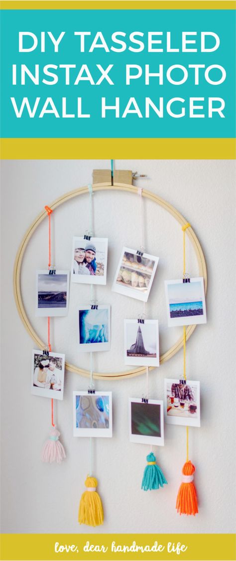 DIY tasseled Instax Wall Hanger from Dear Handmade Life - Easy way to display Instax instant photos Instax Photos Ideas, Instax Wall, Instax Diy, Instax Mini Ideas, Diy Photo Wall, Ideas Room Decor, Photo Frame Crafts, Photo Wall Hanging, Photo Frame Decoration