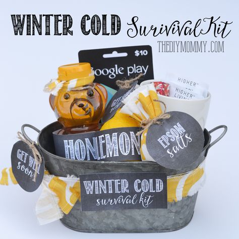 DIY Winter Cold Survival Kit: A Get Well Soon Gift Basket Idea with Free Printables | The DIY Mommy Cold Survival Kit, Winter Cold Survival Kit, Get Well Baskets, Gift Baskets Diy, Homemade Gift Baskets, Diy Mommy, Christmas Gift Baskets Diy, Baskets Diy, Winter Survival