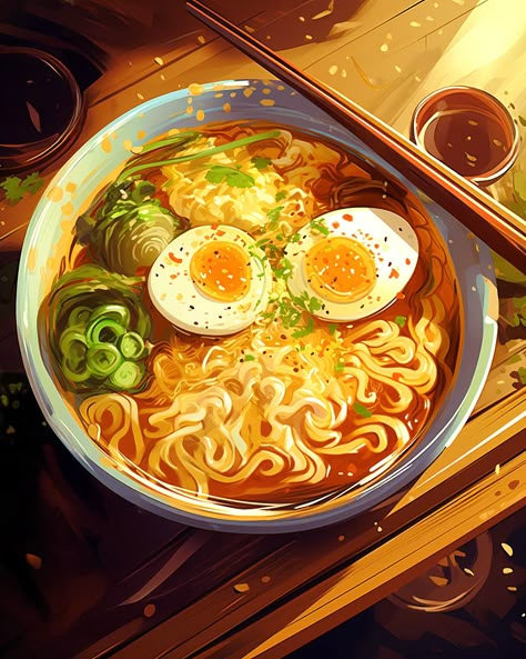 Ramen on a wooden table Food Artwork, Food Sketch, Food Cartoon, Food Clipart, Cute Food Drawings, Cute Food Art, Food Painting, Anime Food, Illustration Food