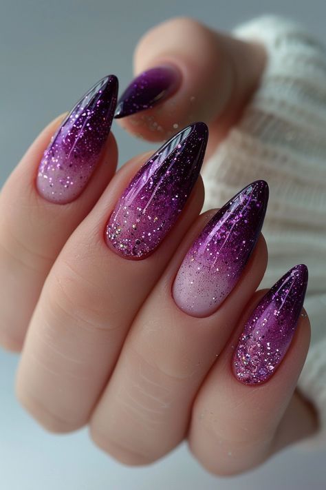 Purple Glitter Nails, Lilac Nails, Pink Ombre Nails, Glamorous Nails, Almond Nails Designs, Trendy Nail Design, Yellow Nails, Fabulous Nails, Fancy Nails