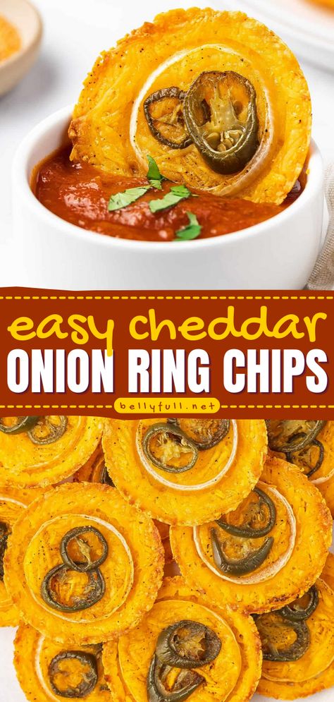 Made with just 4 ingredients, these Cheddar Onion Ring Chips are an easy, low carb snack! They’re a tasty alternative to traditional deep fried onion rings and potato chips when you’re craving something salty. Crispy Onion Chips, Onion Crisps Recipe, Onion Cheese Rings, Onion Chips Fried, Keto Cheese Onion Rings Baked, Low Carb Cheesy Onion Ring Chips, Cheesy Onion Ring Chips, Keto Onion Rings Baked, Cheese Bacon Onion Rings