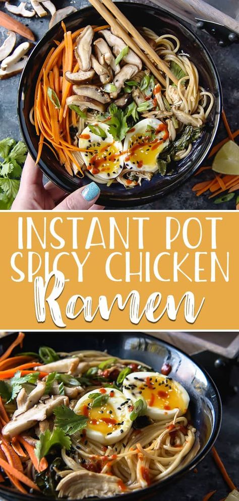 This 20-minute Instant Pot Spicy Chicken Ramen is a fantastic addition to your weeknight dinner menu! Start with a spicy-as-you-want broth, add some quick-cooked chicken, and top it all off with your favorite veggies for a healthy bowl of comfort. #crumbykitchen #instantpot #instantpotsoup #chicken #ramen #ramennoodles #chickensoup #soup #souprecipes #quickandeasy #spicy #easyrecipe #dinnerrecipes #pressurecooker Chicken Ramen Noodle Recipes Instant Pot, Instapot Ramen Recipes, Spicy Instant Pot Recipes, Ramen Instant Pot Recipes, Instapot Ramen, Instant Pot Ramen Recipes, Chicken Ramen Recipes, Ramen Instant Pot, Instant Pot Ramen