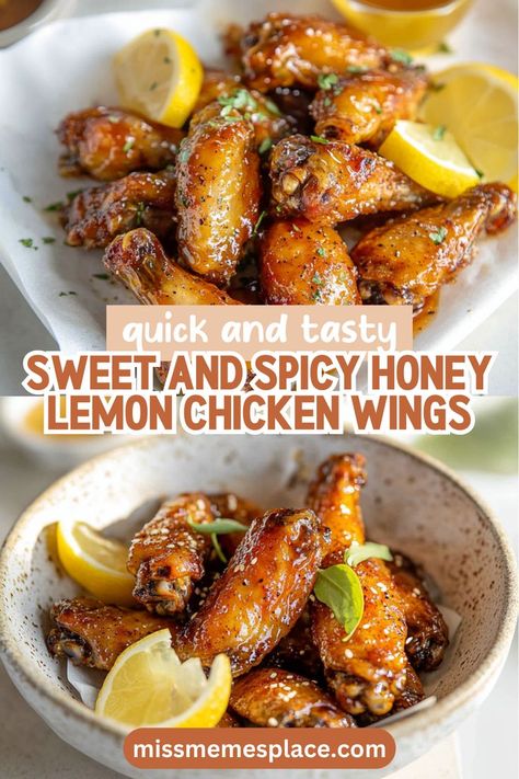 Different Flavor Wings, Easy Chicken Wing Marinade, Hot Honey Recipe Chicken Wings, Spicy Lemon Chicken, Honey Lemon Chicken Wings, Easy Weeknight Meals Families, Chicken Wing Flavors Recipes, New Years Meals Dinners, Chicken Wing Marinade For The Grill