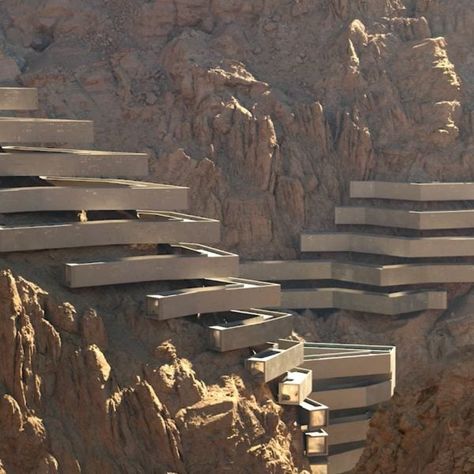 Neom's latest region Leyja will house a mirrored hotel by Shaun Killa, a rock-like hotel by Mario Cucinella and a cliffside hotel by Chris van Duijn. Cliffside Architecture, Sky Pool, Eco City, Architecture Design Drawing, Zaha Hadid Architects, Modern Hotel, Future City, Minimalist Architecture, Hanging Garden