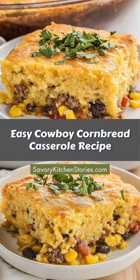 Want an effortless dinner that brings the family together? This Easy Cowboy Cornbread Casserole Recipe is a crowd-pleaser, featuring ground beef and cornbread that create a comforting dish in no time. Save this recipe for those nights when you need a quick, satisfying meal everyone will enjoy! Cowboy Cornbread Casserole, Cornbread Dinner, Cornbread Topping, Cowboy Casserole Recipe, Cowboy Cornbread, Cheesy Cornbread, Cornbread Casserole Recipe, Beans And Corn, Cornbread Easy