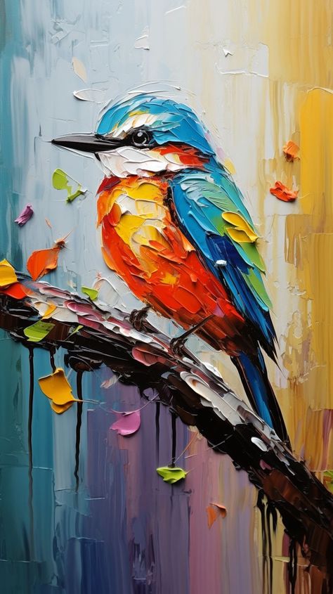 Acrylic Bird Painting, Bird Sitting On A Branch, Texture Painting Techniques, Bird Painting Acrylic, Bird Sitting, Bird Paintings, Landscape Art Painting, Palette Knife Painting, Colorful Bird