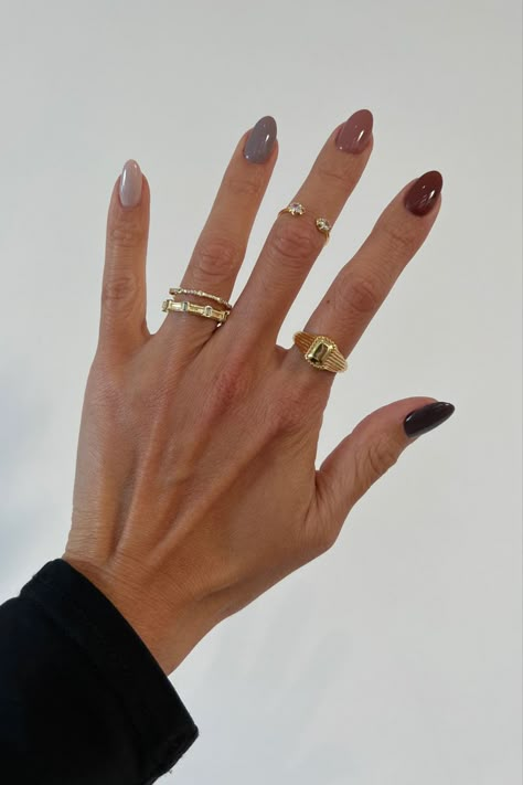 Multiple neutral color fall nails  with gold rings. Fall Color Scheme Nails, Different Nail Colors On Each Nail Fall, Mismatch Nail Colors, Autumn Nails Multi Color, Multi Colored Nails Neutral, Multi Colored Neutral Nails, Neutral Nails Multi Color, Fall Nails Mismatched, Fall Skittle Nails 2023