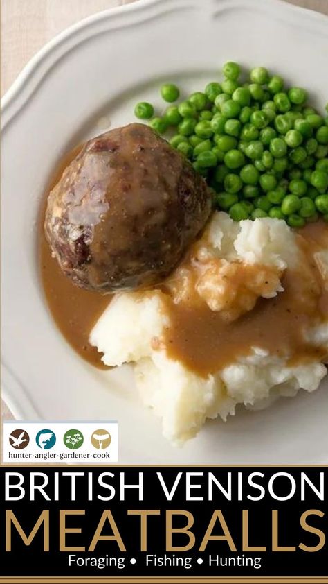 A plate with mashed potatoes topped with brown gravy, a British Venison Meatball known as a faggot, and a side of green peas. A fork with a light-colored handle is placed on the checkered tablecloth beside the plate. Venison Meatball Recipes, Wild Game Dinner, Venison Meatballs, Wild Game Recipes, Venison Recipes, Meatballs Recipe, Best Comfort Food, Garden Recipes, Wild Food