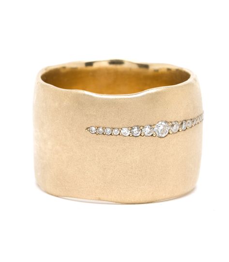 For a bolder look with a touch of glam. This ultra-wide torn paper edge band sheds an unexpected flash of light with a row of pavé set diamonds. This diamond line gradually tapers and widens as it wraps around the ring, mimicking the paper torn edges of the band. A truly sophisticated and artistic piece!Because of the width of this band, we recommend going up one full size in this ring. Please contact a stylist for assistance with sizing or to request a sizing kit.Crafted by our artisan jewelers Boho Wedding Band, Gold Boho Wedding, Boho Wedding Bands, Flash Of Light, Sofia Kaman, Favorite Engagement Rings, Wedding Band Designs, Art Ring, Ultra Wide