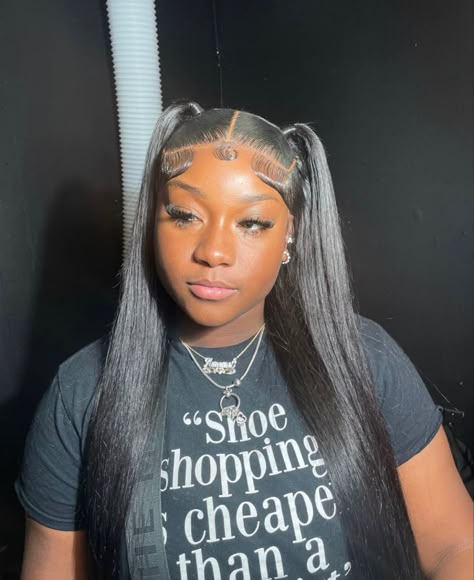 Straight Pigtails, Straight Frontal Hairstyles, Lace Front Styles, Pigtail Wig, Straight Frontal, Hd Lace Frontal Wigs, Sleek Ponytail Hairstyles, Frontal Wig Hairstyles, Sew In Hairstyles