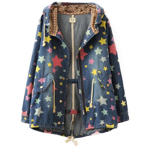 Chicnova Fashion Colorful Stars Denim Coat (2,005 PHP) ❤ liked on Polyvore featuring outerwear, coats, jackets, tops, hooded coat, blue coat, denim coat, colorful coat and multi colored coat Star Fashion Clothes, Science Museum Outfit, Dead Boy, Silly Clothes, Fancy Clothes, Funky Outfits, Blue Coat, Fit Ideas, Wardrobe Ideas