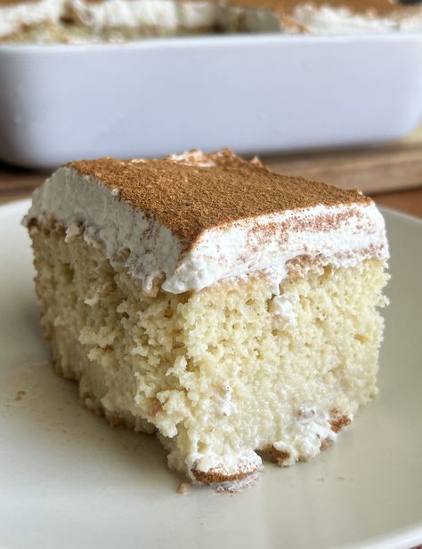 Sourdough Tres Leches Cake — Well Made by Kiley Vanilla Tres Leches Cake, Condensed Milk Whipped Cream, Square Baking Pan, Whipped Cream Topping, Fresh Whipped Cream, Batter Mix, Handheld Mixer, American Desserts, Leftover Cake