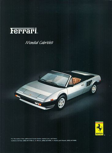 1984 Ferrari Mondial Cabriolet by aldenjewell, via Flickr Car Print Ads, Ferrari Mondial, Ferrari Poster, Car Cleaning Hacks, Ferrari Car, Car Advertising, Italian Cars, Car Posters, Car Ads