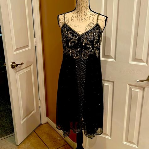 String Strapped Black Sequined Trimmed Dress With Liner. (Rack 1) 20s Clothes, Sparkly Black Dress, Thrift Manifestation, Black Sparkly Dress, Hollywood Dress, Manifestation Board, Dream Wardrobe, Sequin Dress, Shopping List