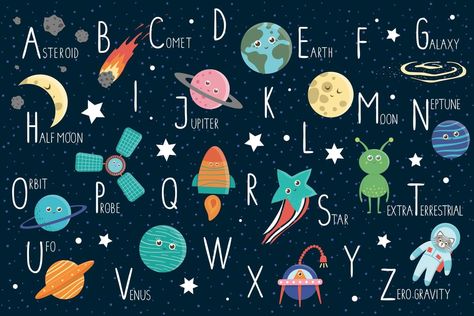 Space alphabet for children. Cute flat ABC with galaxy, stars, astronaut, alien, planet, spaceship, probe, comet, asteroid Space Alphabet, Poster Design Kids, English Abc, Kids Story, Cute Alphabet, Galaxy Pattern, Doodle Images, Bedroom Wallpaper, Space Backgrounds