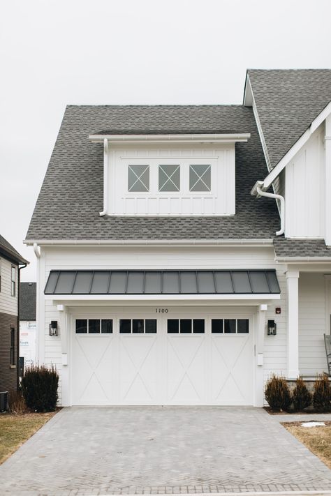 Eyebrow Roof Over Garage, Roof Over Garage Door, Garage Door Awning Metal Roof, Garage Eyebrow, Eyebrow Awning, Glass Garage Door Farmhouse, Metal Awning Over Garage Door, Eyebrow Roof, Small Roof Over Garage Door