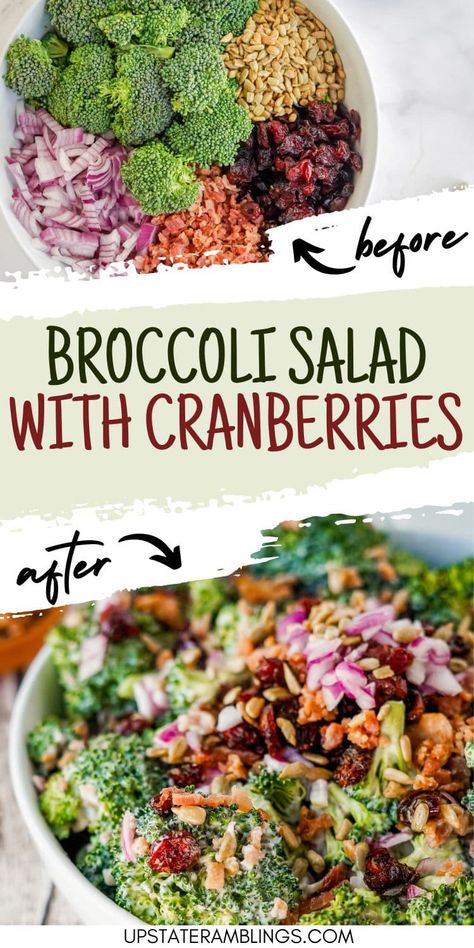 This easy broccoli salad is perfect for summer picnics or cookouts. Crisp raw broccoli is combined with dried cranberries, sunflower seeds and bacon for a delicious broccoli crunch salad. It is kind of like coleslaw made with broccoli instead of cabbage and topped off bacon for extra yummy flavor! Brocoli Salad Recipes, Broccoli Crunch Salad, Apple Broccoli Salad, Broccoli Cauliflower Casserole, Broccoli Salad With Cranberries, Easy Broccoli Salad, Cauliflower Casserole Recipes, Delicious Broccoli, Broccoli Cauliflower Salad