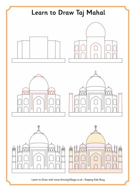 Learn to draw the Taj Mahal Taj Mahal Drawing, Taj Mahal Art, Tac Mahal, India Crafts, Notebook Pages, Taj Mahal India, Arsitektur Masjid, The Taj Mahal, Mehndi Designs Book