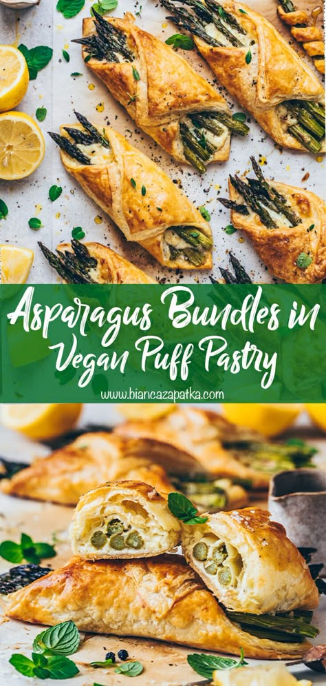 Asparagus Puff Pastry Bundles with Vegan Cheese (Easy) Spinach Artichoke Puff Pastry, Artichoke Puff Pastry, Seasoned Asparagus, Asparagus Puff Pastry Bundles, Puff Pastry Bundles, Asparagus Puff Pastry, Puff Pastry Cups, Vegan Asparagus, Savory Brunch Recipes