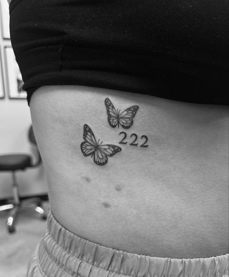 Cute Tattoos Rib Cage, Rib Cage Small Tattoo, 222 Tattoo With Butterfly, Cute Rib Cage Tattoos For Women, Butterfly 222 Tattoo, Butterfly Tattoo On Rib Cage, Cover Up Tattoos Ribs, Rip Cage Tattoo Women, Baddie Tats Side Rib