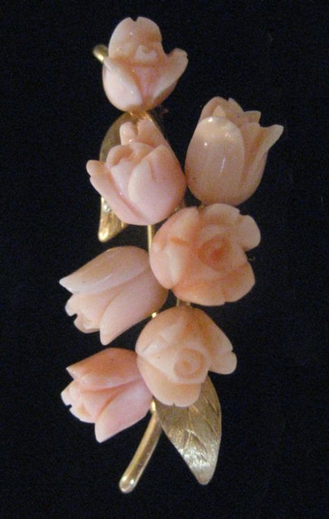 Rose Carved Angel Skin Coral 14K Gold Pin Antique Coral Jewelry, Angel Skin Coral, Coral Jewelry Vintage, 4 Roses, Black Pinterest, Cnidaria, Coral Roses, Angel Skin, Roses Design