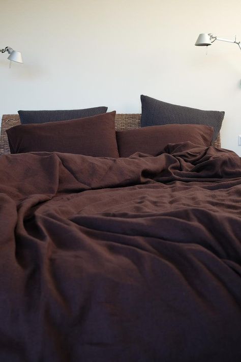 This item includes two pillow covers and one duvet cover. The fabric used is 100% cotton. It is made while encouraging eco-friendship and sustainability. It would ensure an eccentric look to your room while providing immense comfort. Material : cotton/ Color : Chocolate Brown WASHING: *Regular washing is actually good for pure Cotton, softening and beautifying it, and giving it a lovely 'lived-in' look. With relaxed linens like these you don't need to store them away 'for best', you can enjoy th Brown Duvet Covers, Washed Linen Duvet Cover, Linen Comforter, 100 Cotton Duvet Covers, Brown Bed, Quilt Comforter, Boho Bedding, Quilted Duvet, Cotton Comforters