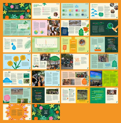 26 page layouts featuring brightly coloured design and illustrations that showcase Faith In Nature's work. Guidebook Design, Graphic Design Portfolio Book, Booklet Layout, Sustainability Report, Editorial Design Layout, Annual Report Design, Report Design, Presentation Layout, Publication Design