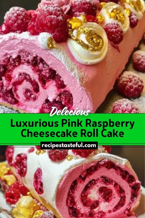 This Luxurious Pink Raspberry Cheesecake Roll Cake features a soft, spongy cake filled with a creamy cheesecake layer and topped with vibrant raspberry buttercream. Garnished with fresh raspberries and optional decorations, this cake is perfect for special occasions or festive gatherings. Raspberry Roll Cake, Raspberry Cake Roll, Roll Cake Recipe, Cheesecake Layer, Raspberry Buttercream, Festive Appetizers, Christmas Recipes Easy, Pink Raspberry, How To Make Cheesecake