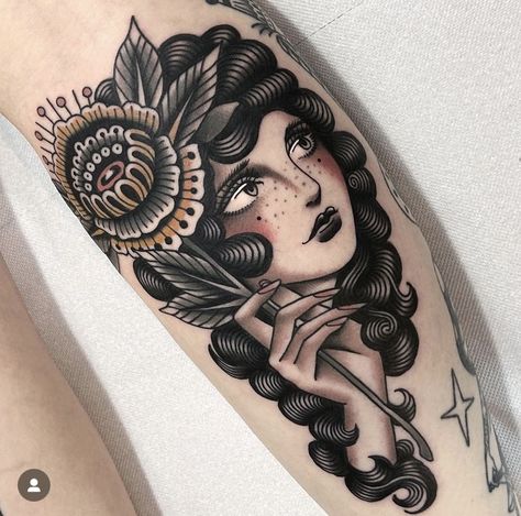 Traditional Tattoo Woman Face, Halloween Tattoo Flash, Traditional Tattoo Woman, Traditional Tattoo Inspiration, Traditional Tattoo Designs, Tattoo People, Head Tattoos, Face Tattoo, Black Ink Tattoos