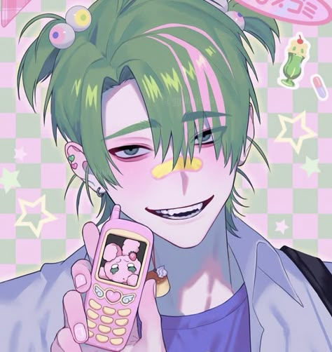 Yami Kawaii Art, Pastel Punk, Boy Illustration, Emo Art, Yami Kawaii, Animated Icons, Kawaii Art, Green Hair, Funky Art