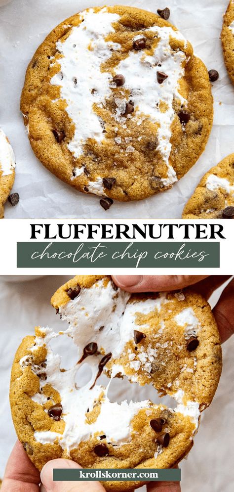 Fluffernutter Cookies • Kroll's Korner Fluffernutter Chocolate Chip Cookies, Fluffanutter Cookies, Fluffer Nutter Cookies, Flutternutter Cookies, Krolls Cookies Recipe, Peanut Butter And Marshmallow Fluff, Fluffernutter Sandwich, Fluffernutter Cookies, Cookbook Inspiration