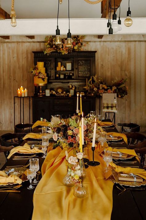 Black And Mustard Wedding, Fall Wedding Yellow, Yellow Black Wedding, Black And Yellow Wedding Theme, Fall Wedding Colors Mustard Yellow, Black And Yellow Wedding, Mustard Yellow Wedding Theme, Red Yellow Black Wedding Theme, Red And Yellow Wedding Theme