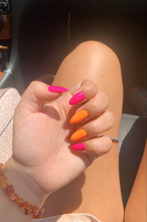 #hotpink #hotpinknails #orange #orangenails #orangenailpolish #summer #summernails #summernailart #summernailcolors #summernailsacrylic #summernailsinspiration #almondnails Basic Pink And Orange Nails, Bright Multicolor Nails, Pastel Orange Nails Almond, Cute Summer Nails Pink And Orange, Pink And Orange Acrylics, Summer Nails Hot Pink And Orange, Orange Summer Nails Almond, Summer Pink And Orange Nails, Pink And Orange Nails Almond