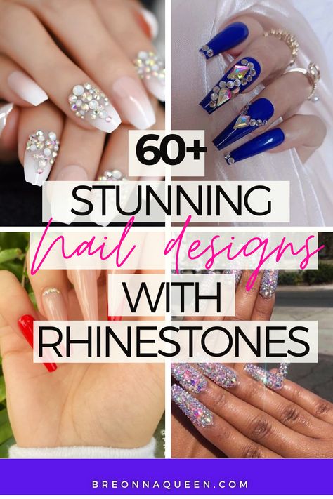 "Looking for a way to make your nails stand out? Try these 64 rhinestone nail designs that will add a touch of elegance to your manicure. #rhinestonenails #naildesigns #beautyblog" French Nails With Bling Rhinestones, Gem Nail Art Rhinestones, Nail Art Diamonds Rhinestones, Nail Designs With Jewels Rhinestones, Nail Designs Diamonds Rhinestones, Rinestine Nails Design, Rhinestone Nail Designs Pattern, Mail Designs With Rhinestones, Bling Spring Nails