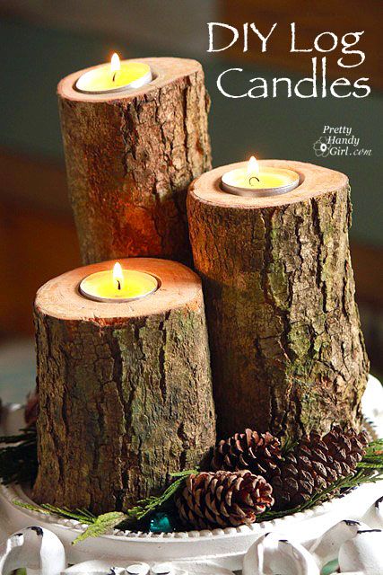 DIY log candles - use tree stumps to create tea light candle holders. Log Candle Holders Diy, Log Candle Holders, Rustic Style Decor, Thanksgiving Candles, Log Candles, Diy Holder, Wooden Candles, Diy Candles, Pillar Candles