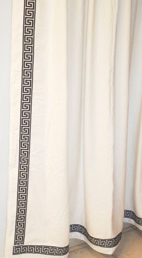 Greek Key trimmed Shower Curtain color options | Etsy Stenciled Curtains, Shower Curtain Color, Waffle Weave Shower Curtain, Cotton Shower Curtain, White Shower Curtain, White Shower, Large Shower, Beautiful Curtains, Updating House