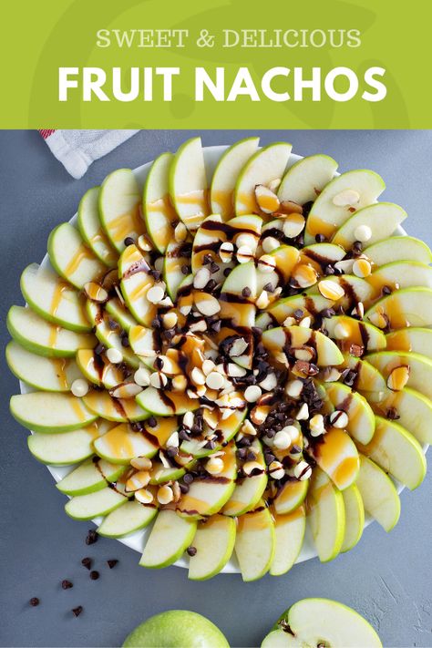 Layers of crunchy apples topped with gooey caramel and chocolate.  The perfect sweet treat with a balance of fruit. Fruit Nachos, Healthy Valentines Treats, Kids Desserts, Prep Snacks, Super Healthy Kids, Gooey Caramel, Peanut Butter Sauce, Picky Eating, Healthy Fruit