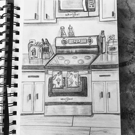 My Instagram: @leannepaints • this took way too long, but was interesting drawing the reflections on the counter top Kitchen Drawing One Point Perspective, Kitchen Counter Drawing, Cooking Sketches Drawings, Kitchen Design Sketch Drawings, Kitchen Drawing Sketch, Kitchen Sketch, Drawing Sketch, Counter Top, Too Long