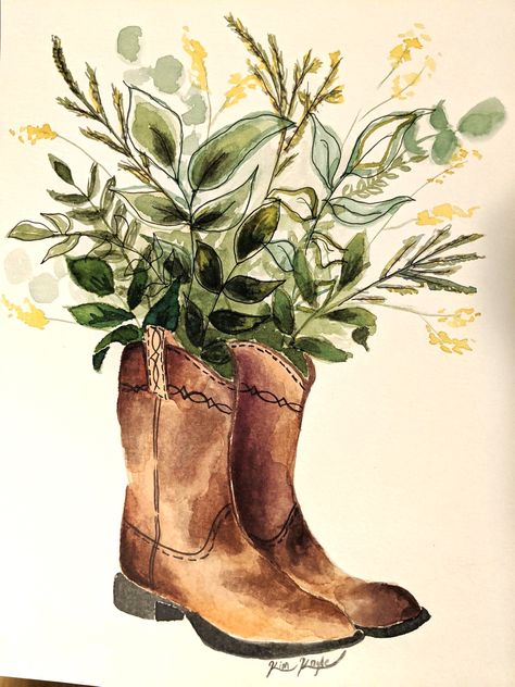 Watercolor Boots With Flowers, Cowboy Boot With Flowers Painting, Watercolor Cowboy Boots, Country Paintings Easy, Oil Painting Inspiration, Western Paintings, Wood Art Projects, Salon Art, Coffee Painting