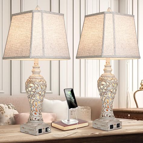 with Fabric Shades - for Bedroom and Living Room with USB and Nightlight - Perfect for Nightstands and Bedrooms (27" high) Bedroom End Tables, Nautical Lamps, Lamps For Bedroom, Farmhouse Table Lamps, Carved Table, Lamps For Living Room, Rustic Table Lamps, Vintage Nightstand, Nightstand Lamp