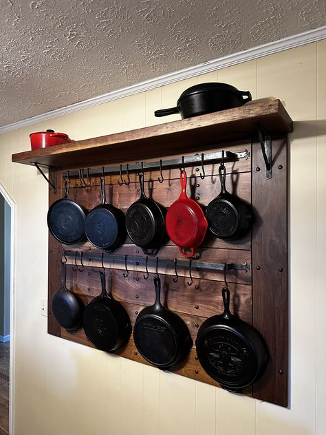 Shelves For Pans, Pan Holder Hanging Wall, Ideas For Pots And Pans Storage, Cast Iron Skillet Wall Display Ideas, Cast Iron Pan Hanger, Pot And Pan Organization Wall, Cast Iron Pot Rack, Cast Iron Holder, Cast Iron Pan Wall Display