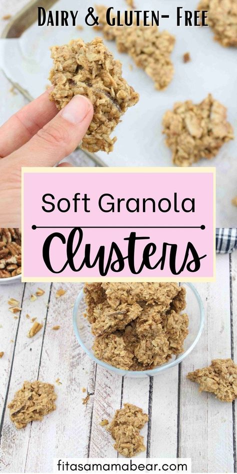 Pin image with text: two images of homemade granola clusters the top of a hand holding a cluster close up with more on a baking tray behind them and the bottom of a glass bowl filled with granola clusters and more around it Soft Baked Granola, Homemade Granola Clusters, Granola Clusters Recipe, Soft Granola, Maple Pecan Granola, Clusters Recipe, Pecan Granola, Maple Granola, Granola Clusters