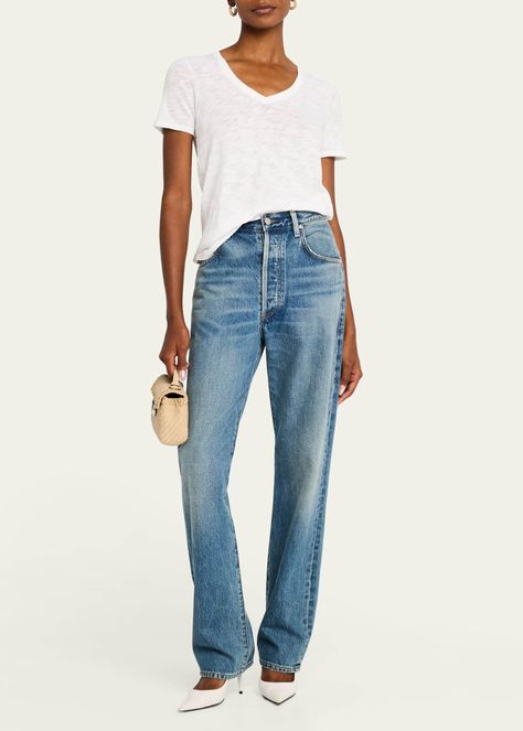 Citizens of Humanity Baretta Relaxed Straight Jeans Straight Light Wash Jeans With Belt Loops, Faded Straight Leg Jeans With Belt Loops, Straightleg Jeans, Elements Of Style, Citizens Of Humanity, Neck Shirt, Straight Jeans, What To Wear, Full Length